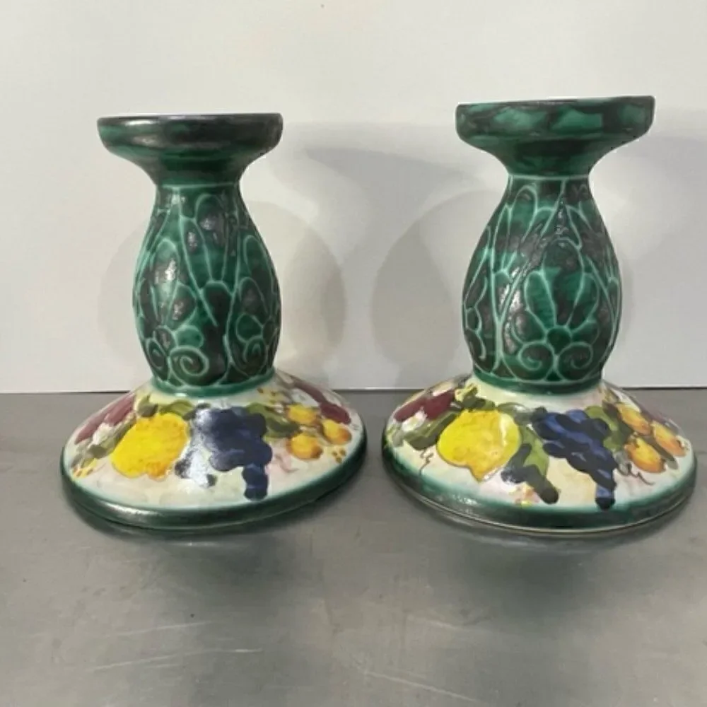 Vintage Pair of Studio Arta Per Ceramic Italy Candlesticks Fruit/Flower Motif 2